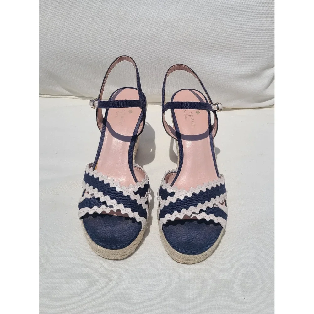 Kate Spade Navy Blue Cream Tulum Wedge Sandal Size 9.5